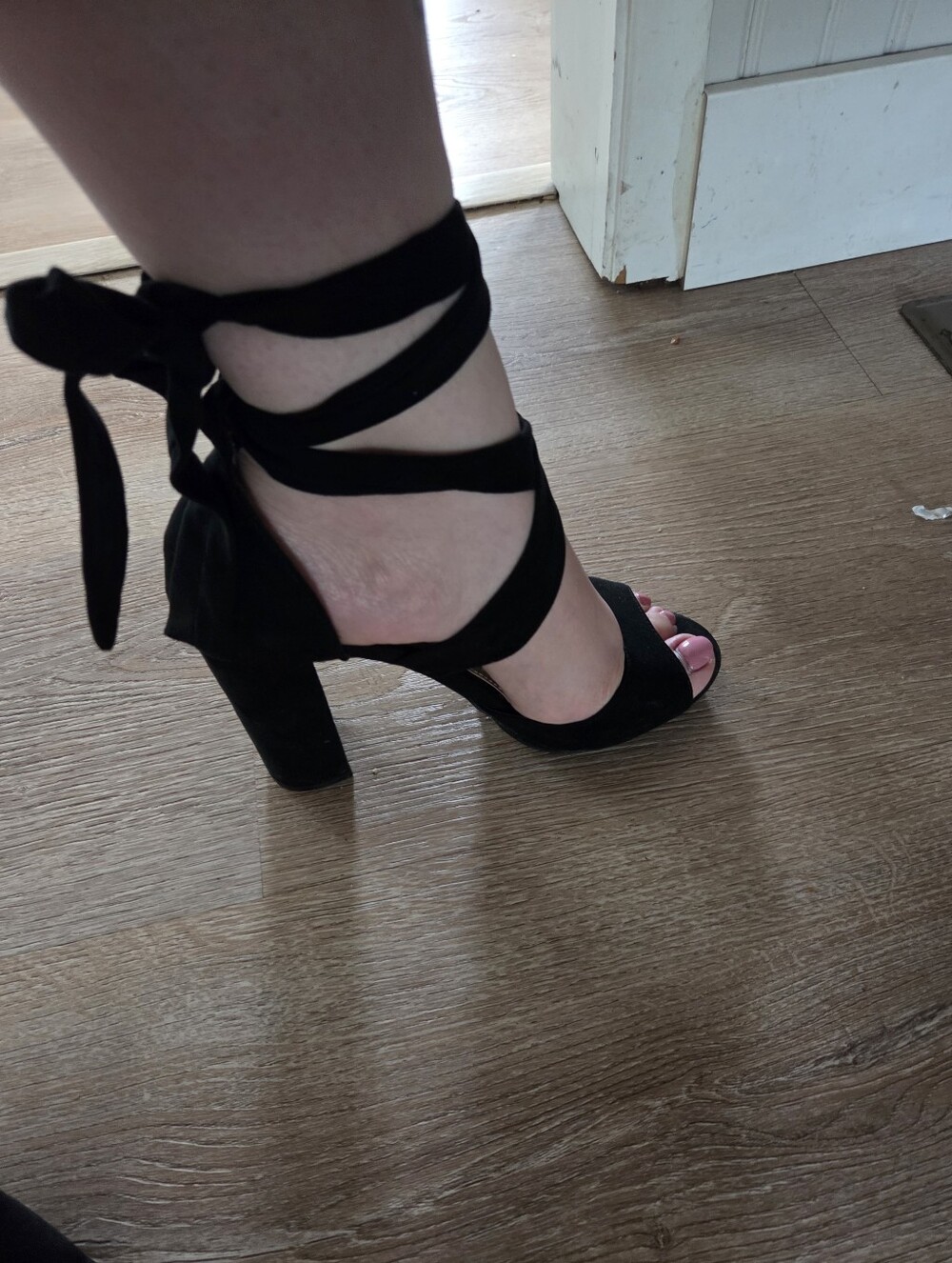 Black Lace Up Block Heels - Picture 2 of 5
